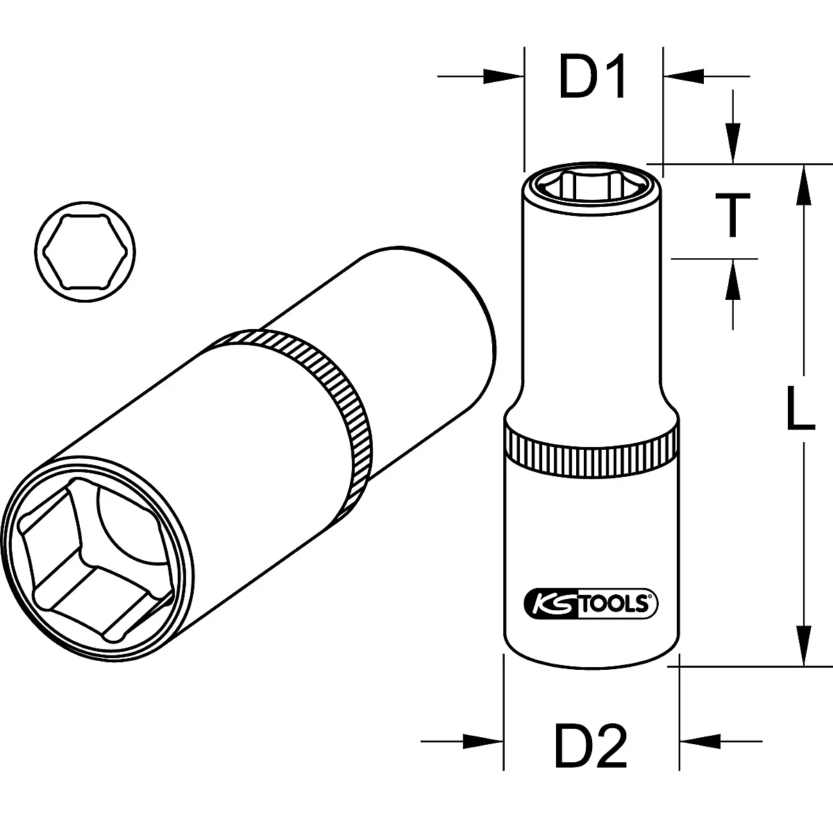 Grafische Darstellung eines KS TOOLS Steckschlüsseleinsatzes, in verschiedenen Perspektiven gezeigt. Maße: D1, D2, T und L.